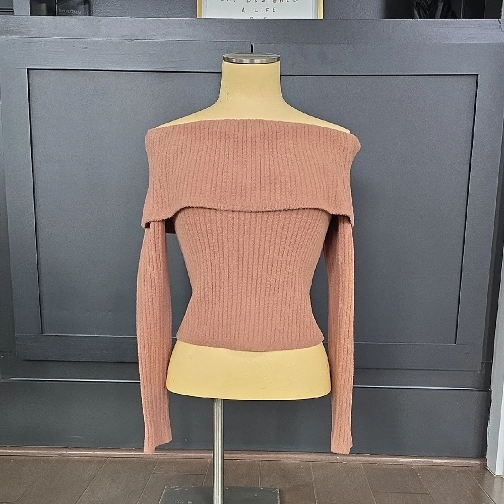 Express Off-Shoulder Ribbed Sweater - Brown - Picture 1 of 5